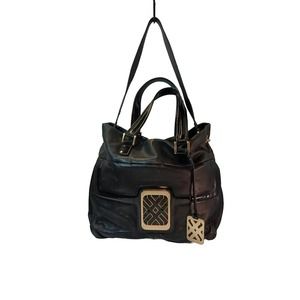 Joelle Hawkens LOGO Classic Black Leather And Patent Tote Satchel Shoulder Bag